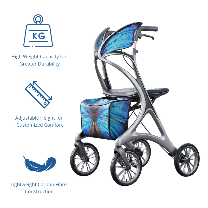 CR3117   New Design Carbon Fibre Rollator Walker with BLUE Lotus Floral Pattern & Luxury Concept Mobility Aid for Elderly OEM ODM