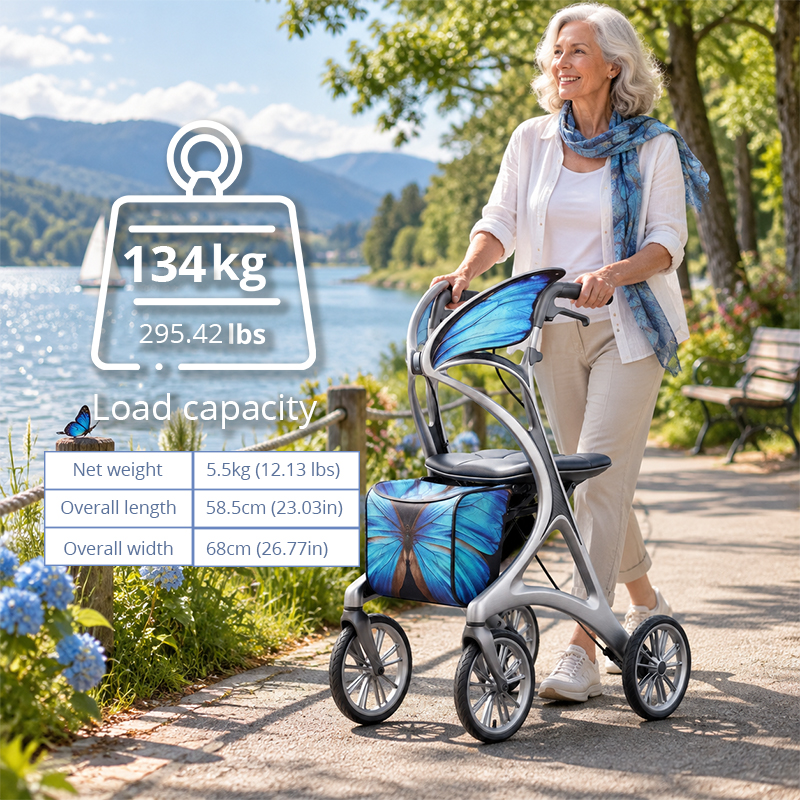 CR3117   New Design Carbon Fibre Rollator Walker with BLUE Lotus Floral Pattern & Luxury Concept Mobility Aid for Elderly OEM ODM