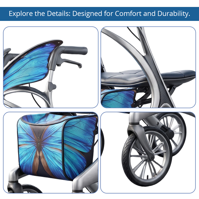 CR3117   New Design Carbon Fibre Rollator Walker with BLUE Lotus Floral Pattern & Luxury Concept Mobility Aid for Elderly OEM ODM