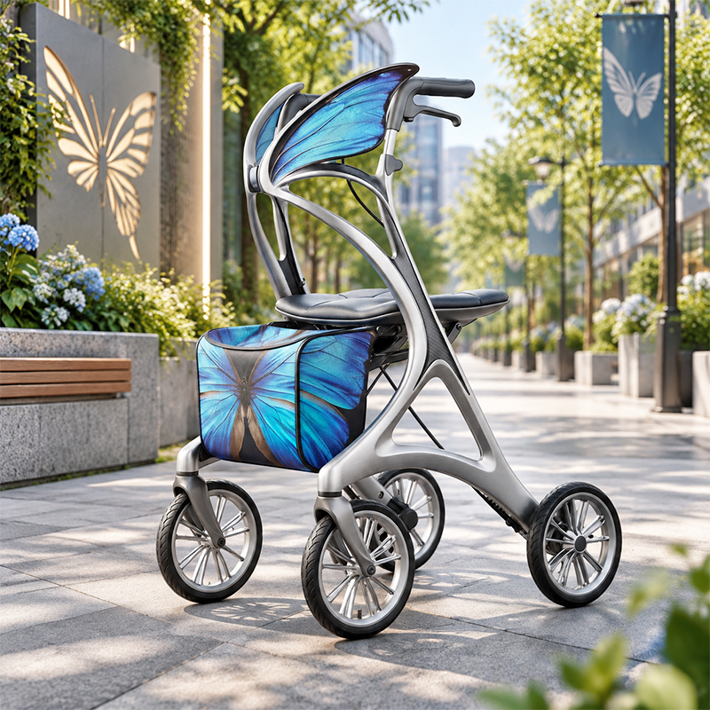 CR3117   New Design Carbon Fibre Rollator Walker with BLUE Lotus Floral Pattern & Luxury Concept Mobility Aid for Elderly OEM ODM