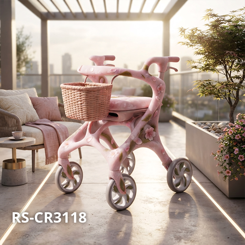 CR3118   New Design Carbon Fibre Rollator Walker Pearl Pink Floral Concept for Premium Senior Mobility OEM ODM