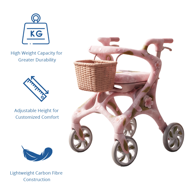 CR3118   New Design Carbon Fibre Rollator Walker Pearl Pink Floral Concept for Premium Senior Mobility OEM ODM