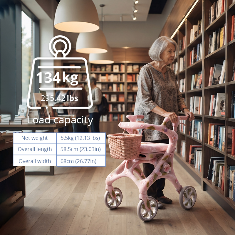 CR3118   New Design Carbon Fibre Rollator Walker Pearl Pink Floral Concept for Premium Senior Mobility OEM ODM