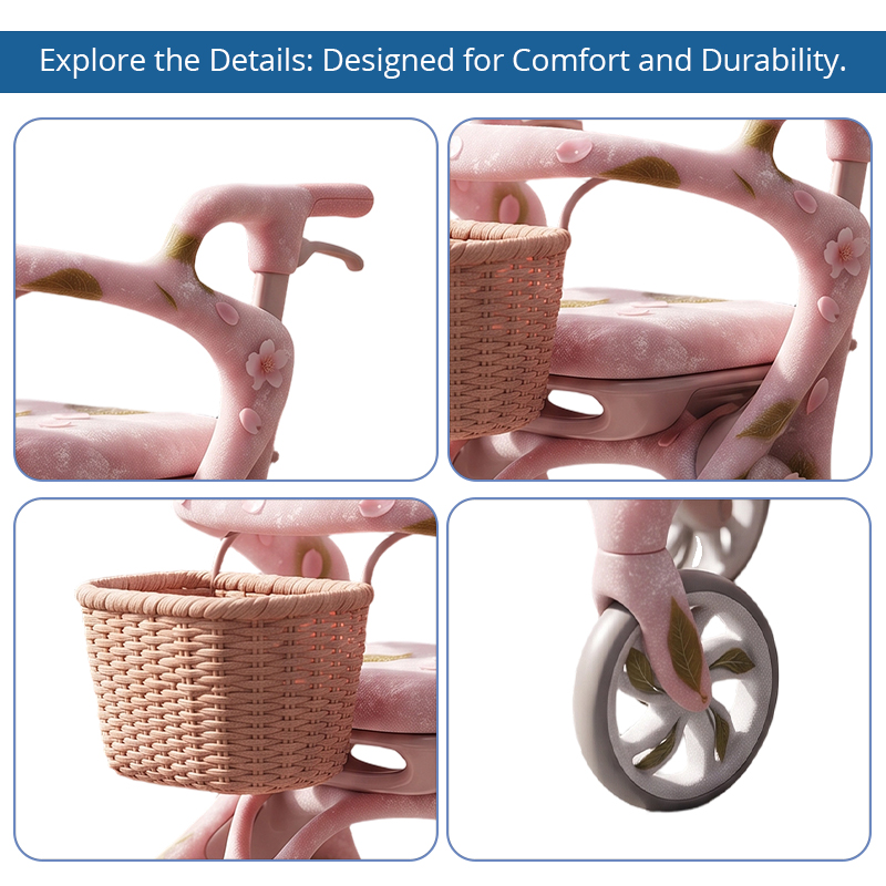 CR3118   New Design Carbon Fibre Rollator Walker Pearl Pink Floral Concept for Premium Senior Mobility OEM ODM
