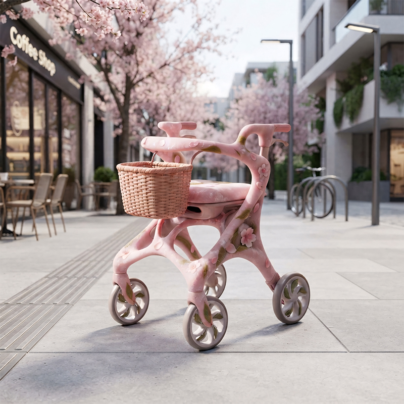 CR3118   New Design Carbon Fibre Rollator Walker Pearl Pink Floral Concept for Premium Senior Mobility OEM ODM