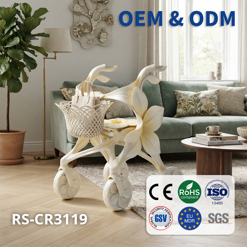 CR3119   New Design Carbon Fibre Rollator Walker Pearl White Floral Concept for Premium Senior Mobility OEM ODM