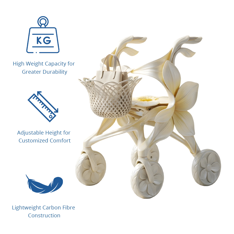 CR3119   New Design Carbon Fibre Rollator Walker Pearl White Floral Concept for Premium Senior Mobility OEM ODM