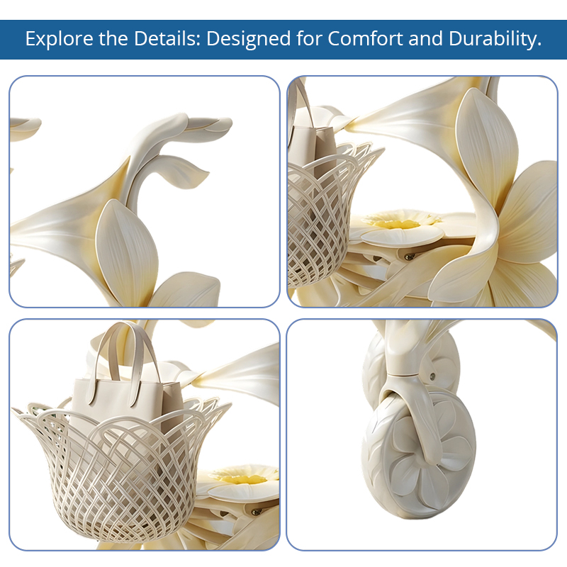CR3119   New Design Carbon Fibre Rollator Walker Pearl White Floral Concept for Premium Senior Mobility OEM ODM
