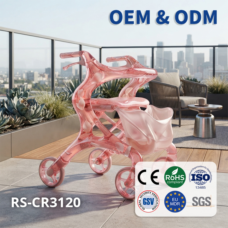 CR3120   New Design Carbon Fibre Rollator Walker Pearl PINK Floral Concept for Premium Senior Mobility OEM ODM