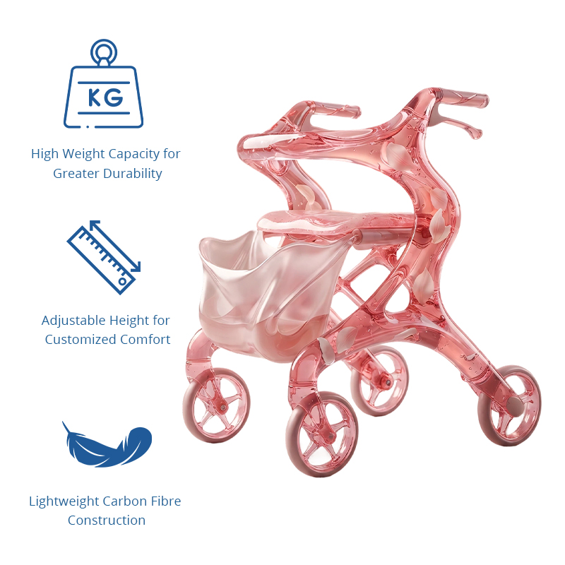 CR3120   New Design Carbon Fibre Rollator Walker Pearl PINK Floral Concept for Premium Senior Mobility OEM ODM