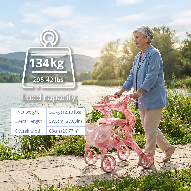 CR3120   New Design Carbon Fibre Rollator Walker Pearl PINK Floral Concept for Premium Senior Mobility OEM ODM