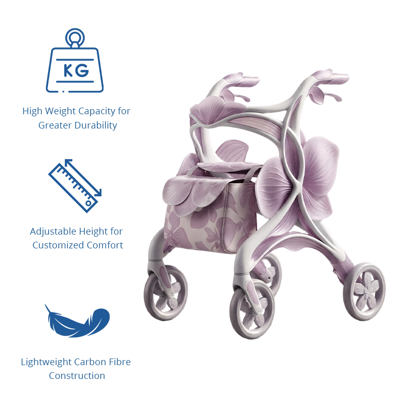 CR3120   New Design Carbon Fibre Rollator Walker Pearl PINK Floral Concept for Premium Senior Mobility