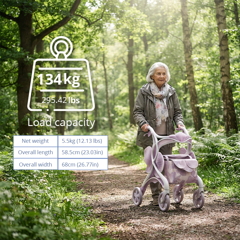 CR3120   New Design Carbon Fibre Rollator Walker Pearl PINK Floral Concept for Premium Senior Mobility