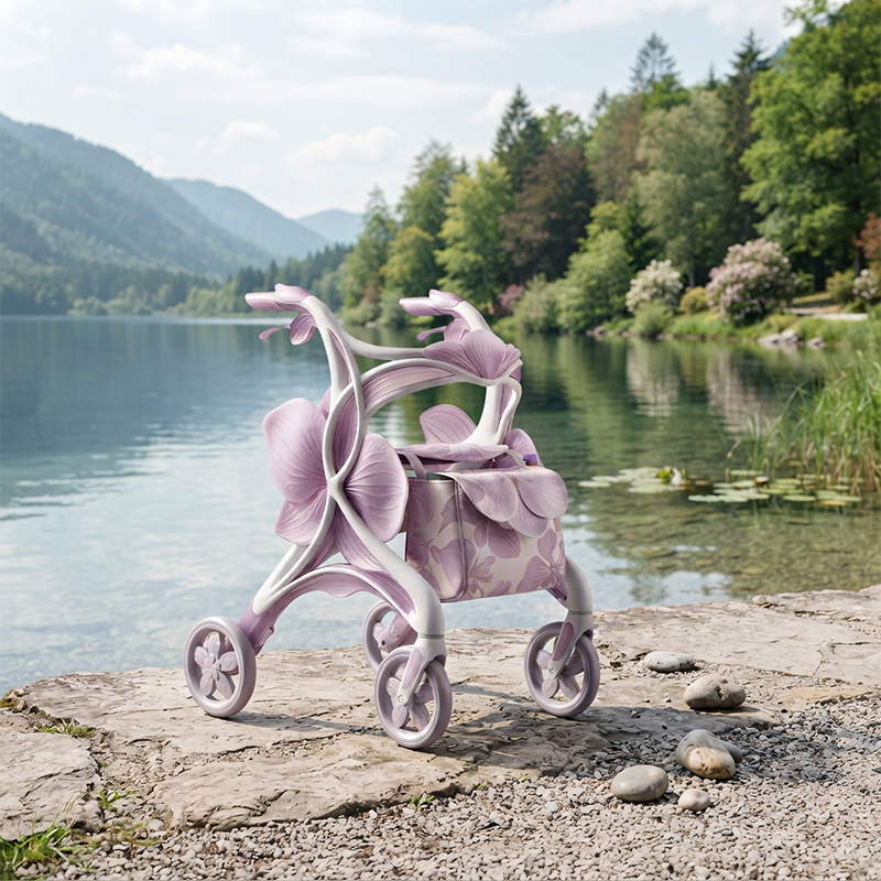 CR3120   New Design Carbon Fibre Rollator Walker Pearl PINK Floral Concept for Premium Senior Mobility