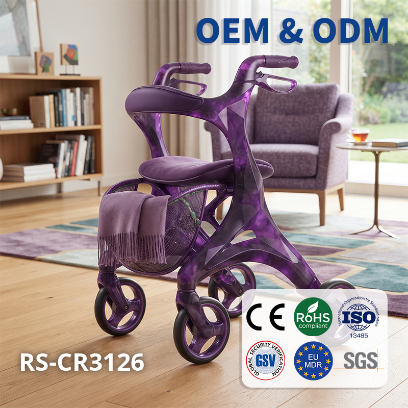 CR3126    New Design Concept Purple Marble Pattern Carbon Fiber Rollator Walker Lightweight Foldable OEM ODM Senior Mobility Aid