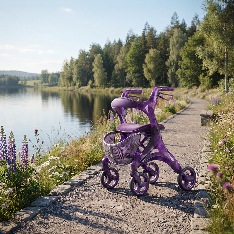 CR3126    New Design Concept Purple Marble Pattern Carbon Fiber Rollator Walker Lightweight Foldable OEM ODM Senior Mobility Aid