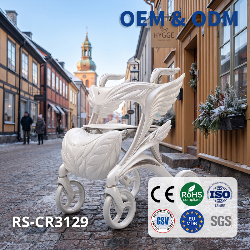 CR3129  Concept Rollator Walker White Silver Sculpted Angel Wings Carbon Fiber 6KG Lightweight Foldable OEM