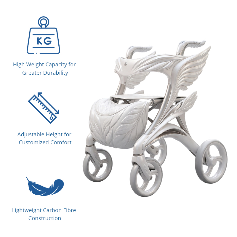 CR3129  Concept Rollator Walker White Silver Sculpted Angel Wings Carbon Fiber 6KG Lightweight Foldable OEM