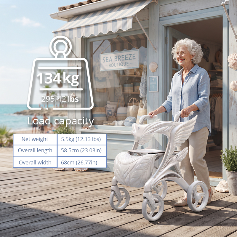 CR3129  Concept Rollator Walker White Silver Sculpted Angel Wings Carbon Fiber 6KG Lightweight Foldable OEM