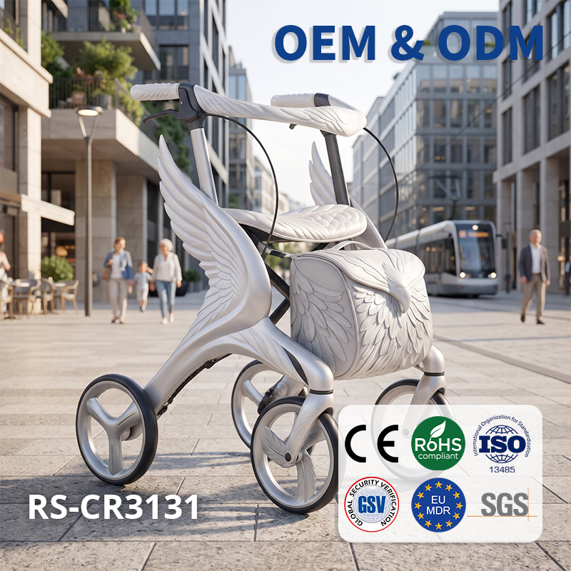 CR3031   New Design Silver White Carbon Fiber Rollator Walker 3D Angel Wing Feather Pattern OEM ODM