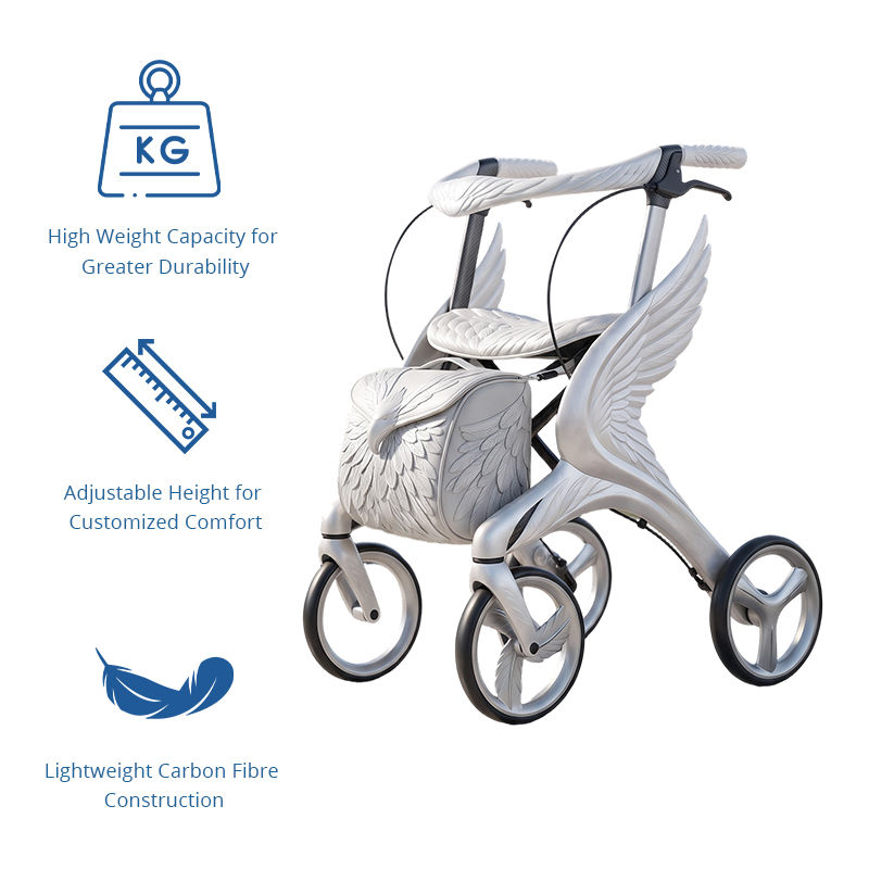 CR3031   New Design Silver White Carbon Fiber Rollator Walker 3D Angel Wing Feather Pattern OEM ODM
