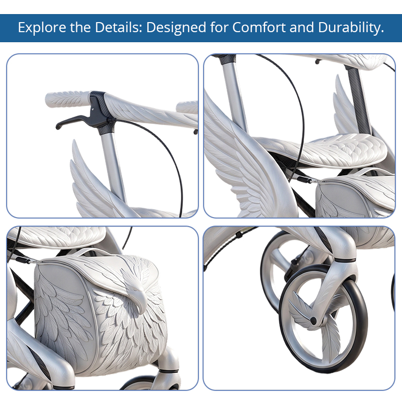CR3031   New Design Silver White Carbon Fiber Rollator Walker 3D Angel Wing Feather Pattern OEM ODM