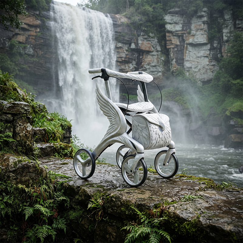 CR3031   New Design Silver White Carbon Fiber Rollator Walker 3D Angel Wing Feather Pattern OEM ODM