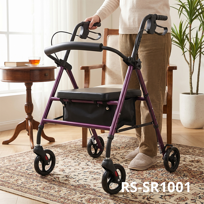 SR-1001-P Premium Folding Steel Rollator Walker for Elderly, Stable Height Adjustable Mobility Aid with Seat & Storage Bag