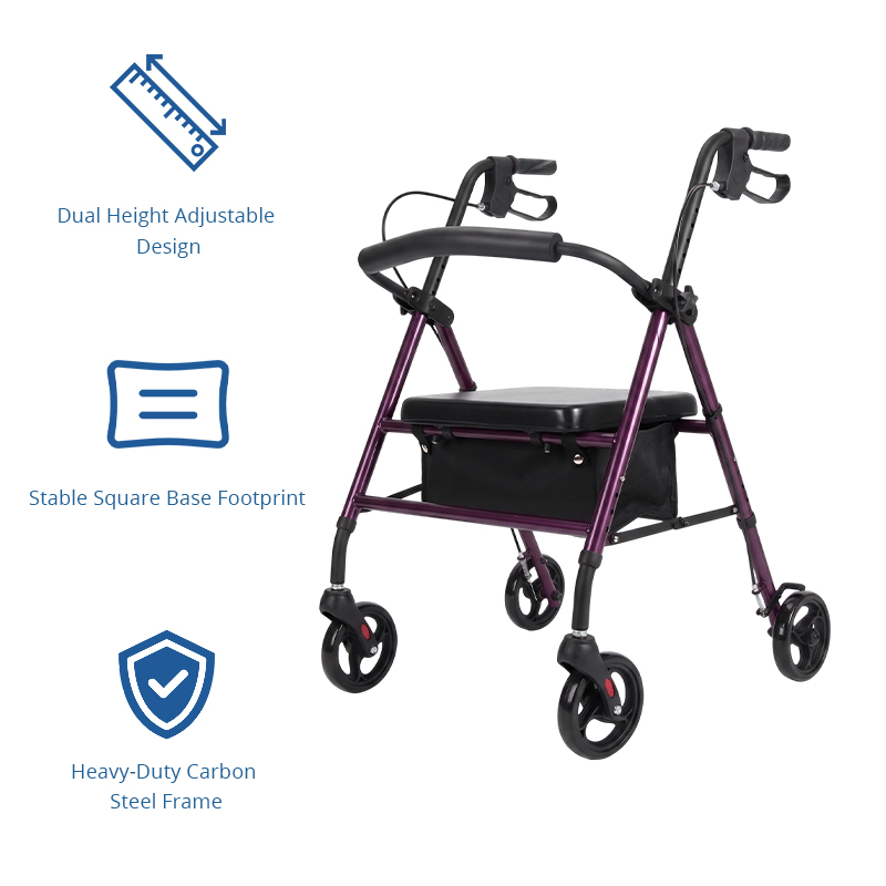 SR-1001-P Premium Folding Steel Rollator Walker for Elderly, Stable Height Adjustable Mobility Aid with Seat & Storage Bag