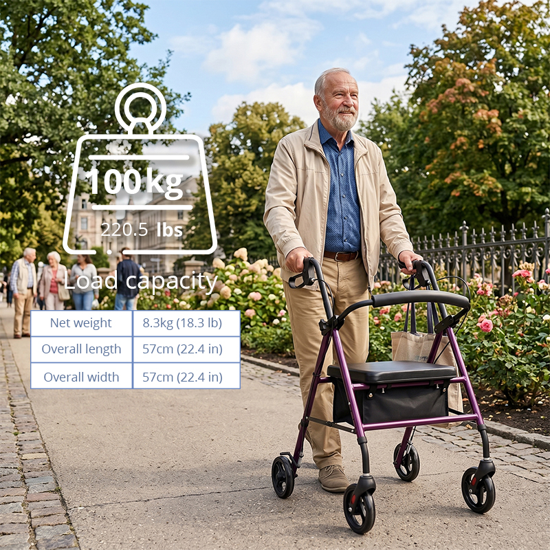 SR-1001-P Premium Folding Steel Rollator Walker for Elderly, Stable Height Adjustable Mobility Aid with Seat & Storage Bag