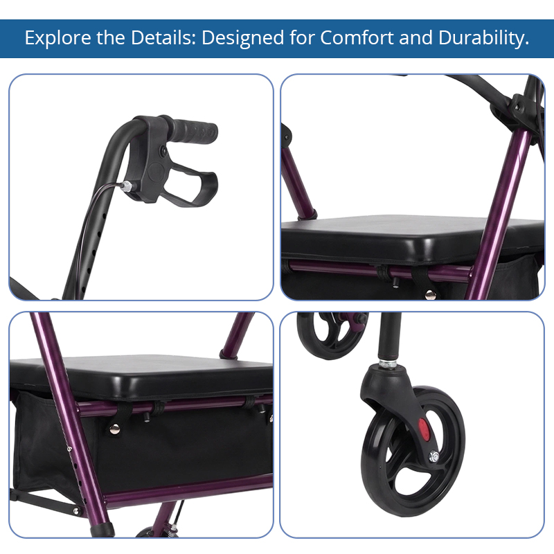 SR-1001-P Premium Folding Steel Rollator Walker for Elderly, Stable Height Adjustable Mobility Aid with Seat & Storage Bag