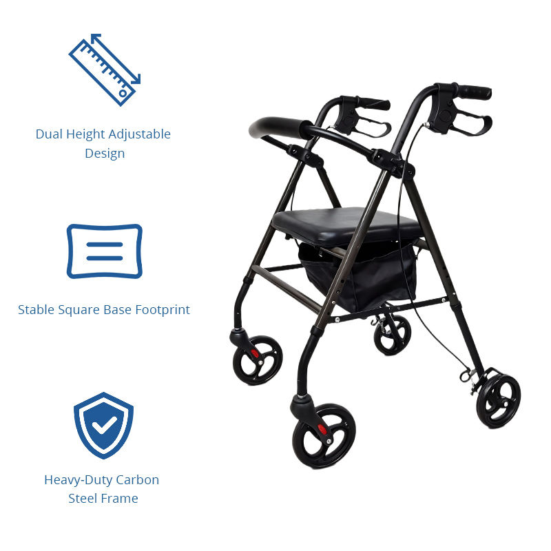 SR1001-R   Premium Relaxsmith CE Certified Light Weight Folding Steel Rollator Walker for Elderly Stable Height Adjustable Mobility Aid