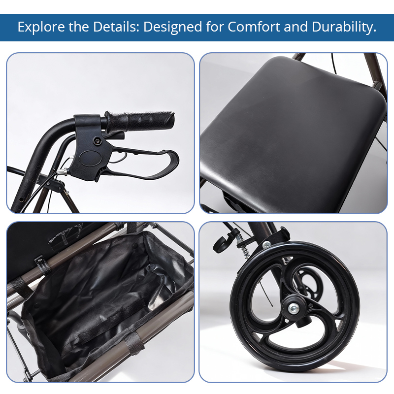 SR1001-R   Premium Relaxsmith CE Certified Light Weight Folding Steel Rollator Walker for Elderly Stable Height Adjustable Mobility Aid