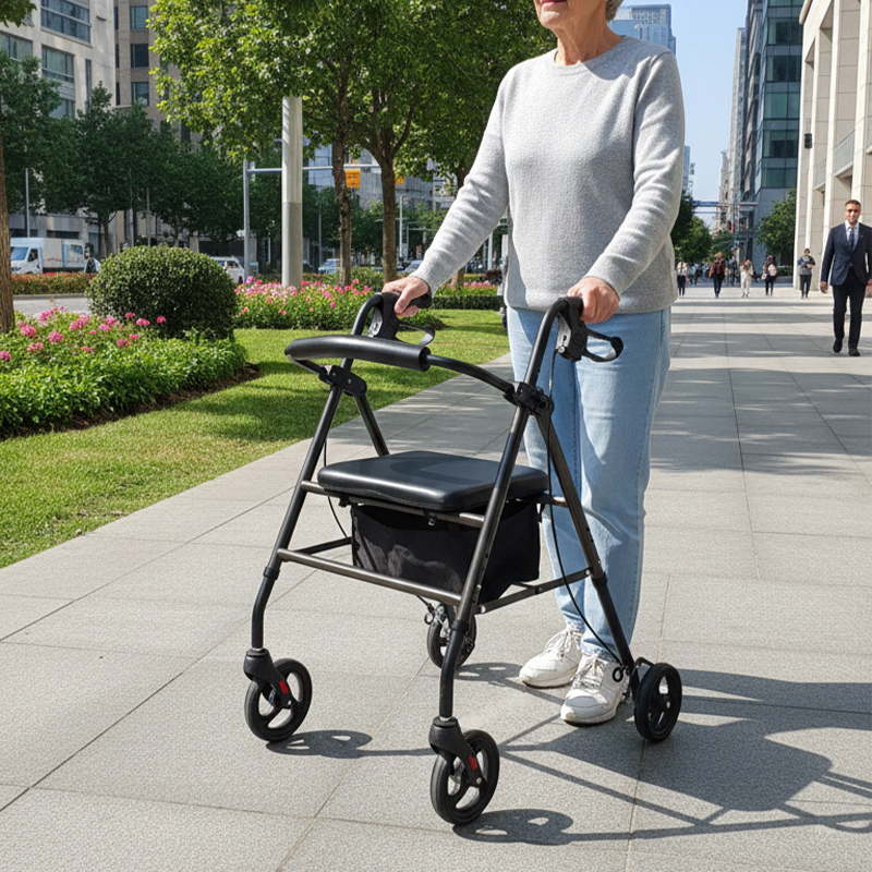 SR1001-R   Premium Relaxsmith CE Certified Light Weight Folding Steel Rollator Walker for Elderly Stable Height Adjustable Mobility Aid