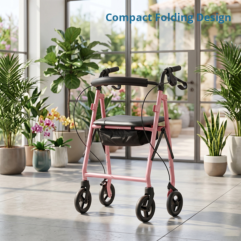 SR1002-R   Steel Rollator Walker for Elderly Carbon Steel Frame CE Certified Light Weight Comfortable Seat Easy Storage 100kg