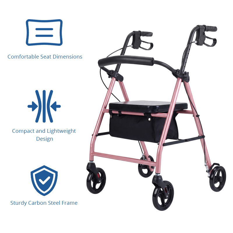 SR1002-R   Steel Rollator Walker for Elderly Carbon Steel Frame CE Certified Light Weight Comfortable Seat Easy Storage 100kg