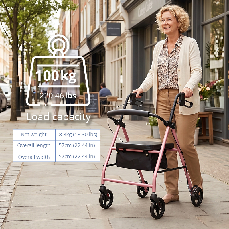 SR1002-R   Steel Rollator Walker for Elderly Carbon Steel Frame CE Certified Light Weight Comfortable Seat Easy Storage 100kg