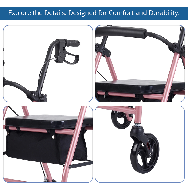 SR1002-R   Steel Rollator Walker for Elderly Carbon Steel Frame CE Certified Light Weight Comfortable Seat Easy Storage 100kg