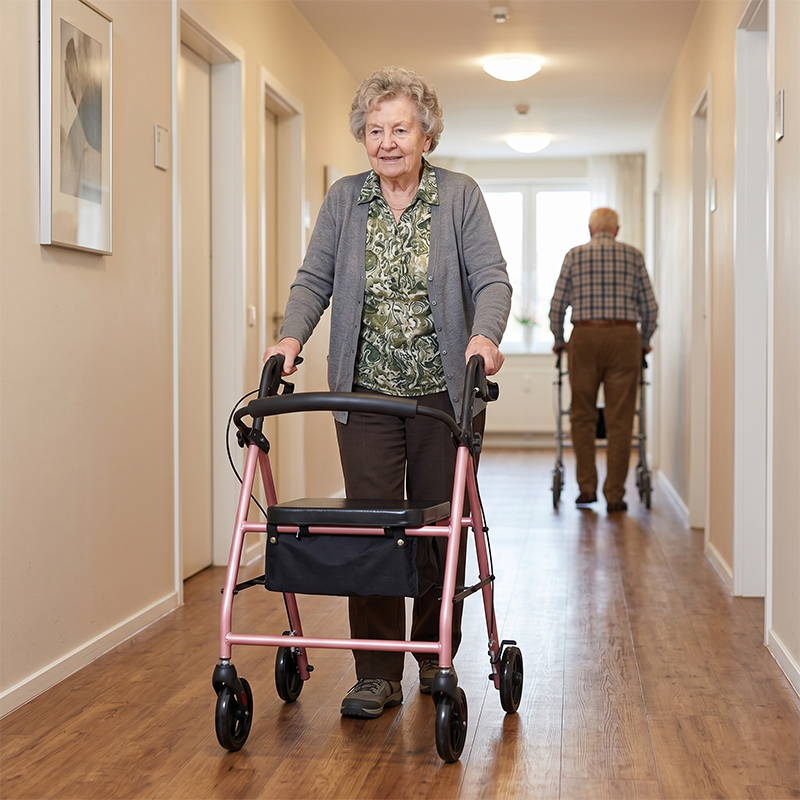 SR1002-R   Steel Rollator Walker for Elderly Carbon Steel Frame CE Certified Light Weight Comfortable Seat Easy Storage 100kg