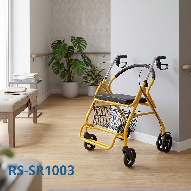 SR 1003-Y High-End OEM ODM Steel Rollator Walker for Elderly, Compact Folding Steel Mobility Aid with Seat, Basket and 150kg Capacity