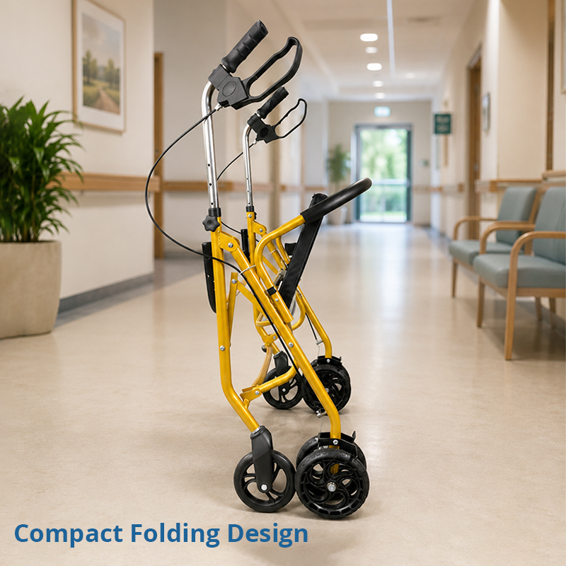 SR 1003-Y High-End OEM ODM Steel Rollator Walker for Elderly, Compact Folding Steel Mobility Aid with Seat, Basket and 150kg Capacity