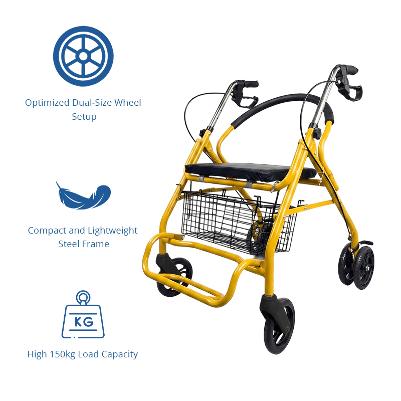 SR 1003-Y High-End OEM ODM Steel Rollator Walker for Elderly, Compact Folding Steel Mobility Aid with Seat, Basket and 150kg Capacity