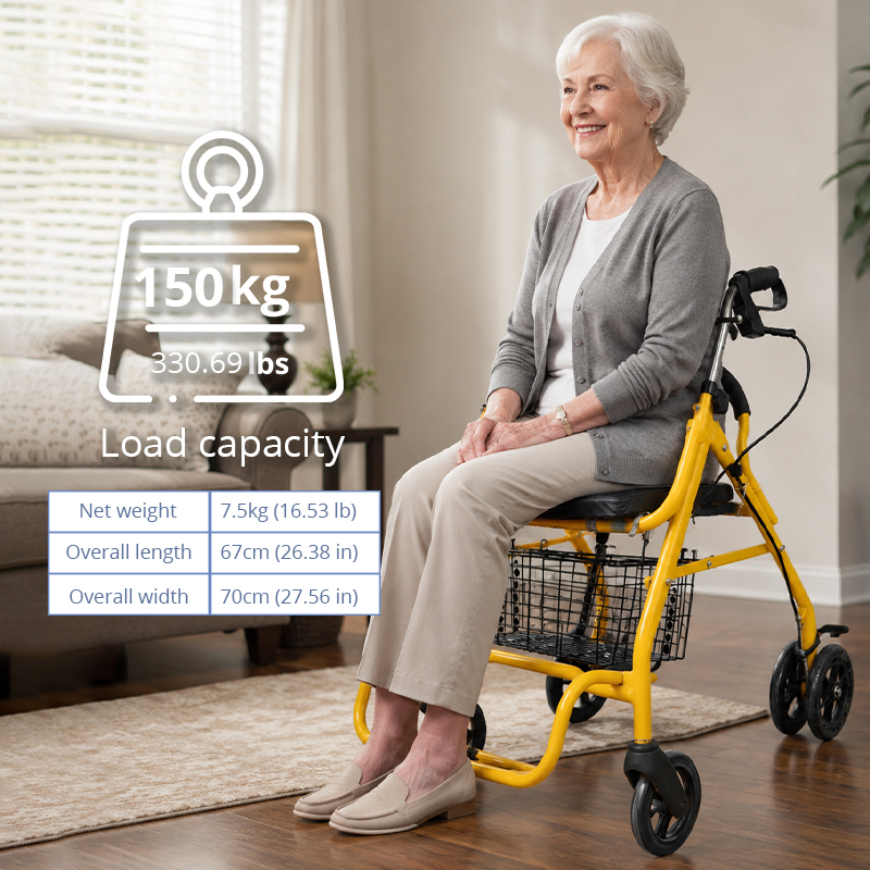 SR 1003-Y High-End OEM ODM Steel Rollator Walker for Elderly, Compact Folding Steel Mobility Aid with Seat, Basket and 150kg Capacity