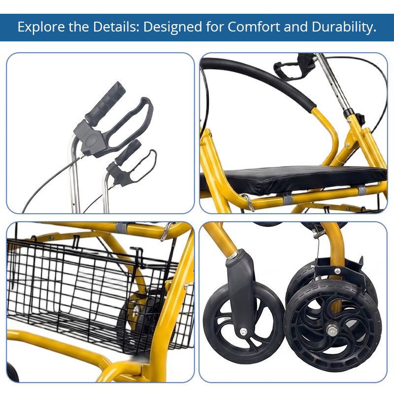 SR 1003-Y High-End OEM ODM Steel Rollator Walker for Elderly, Compact Folding Steel Mobility Aid with Seat, Basket and 150kg Capacity