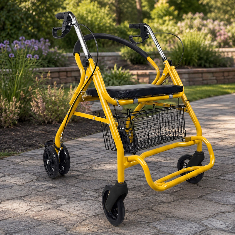SR 1003-Y High-End OEM ODM Steel Rollator Walker for Elderly, Compact Folding Steel Mobility Aid with Seat, Basket and 150kg Capacity
