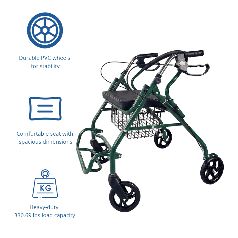 SR1004-G  Relaxsmith Steel Rollator Walker Seniors | Green CE Certified Light Weight | Adjustable Height Foldable Comfortable Seat