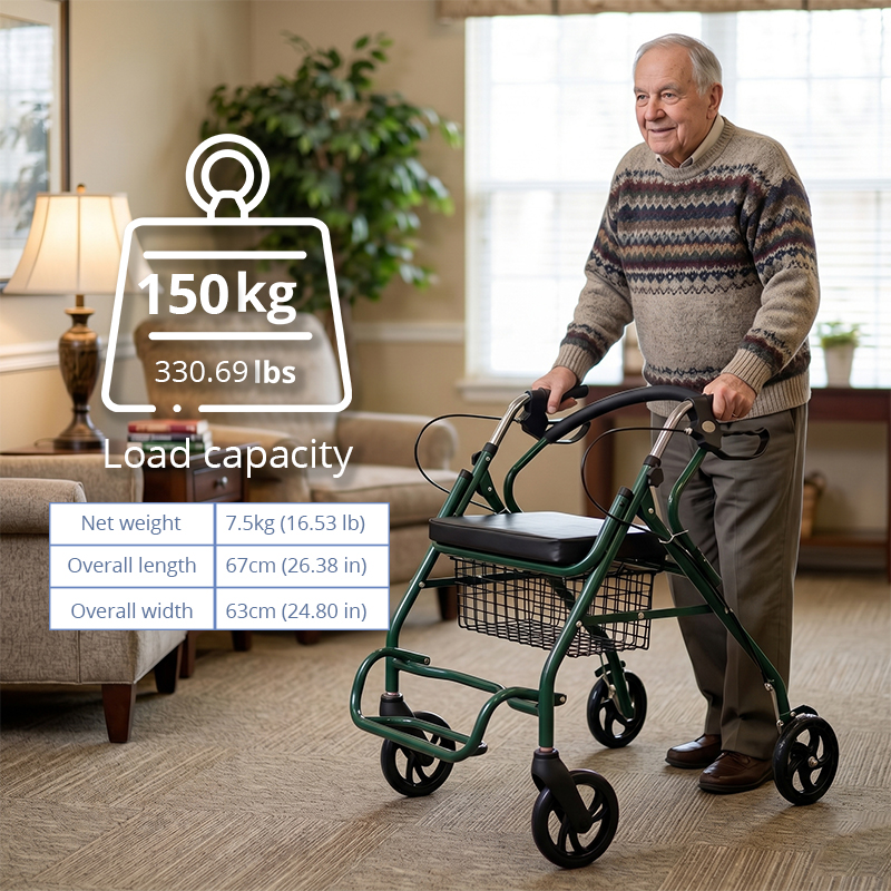 SR1004-G  Relaxsmith Steel Rollator Walker Seniors | Green CE Certified Light Weight | Adjustable Height Foldable Comfortable Seat