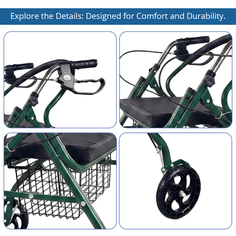 SR1004-G  Relaxsmith Steel Rollator Walker Seniors | Green CE Certified Light Weight | Adjustable Height Foldable Comfortable Seat