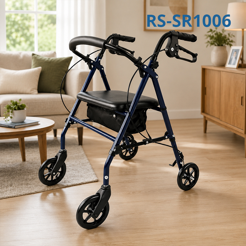 SR 1006 Carbon Steel Rollator Walker for Elderly  Adjustable Height Foldable Design, 150kg Weight Capacity Comfortable Seat