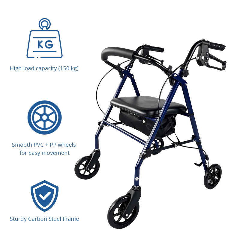 SR1006-B     Carbon Steel Rollator Walker for Elderly CE Certified Adjustable Height Foldable Design 150kg Weight Capacity
